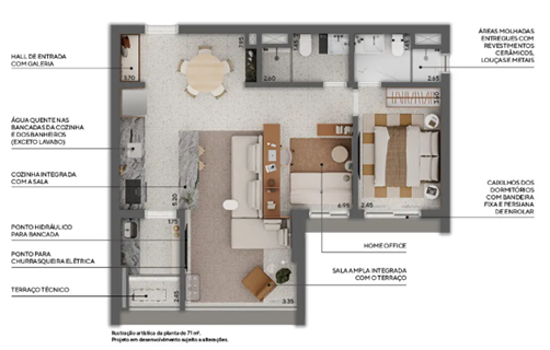 71m² | 1 ou 2 dorms | 1 suíte.