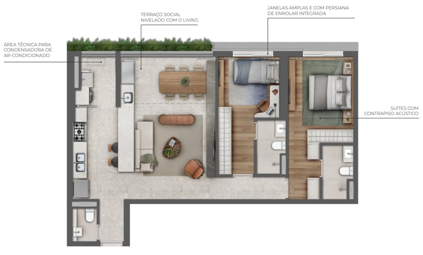 93m² -1 ou  2 Suítes